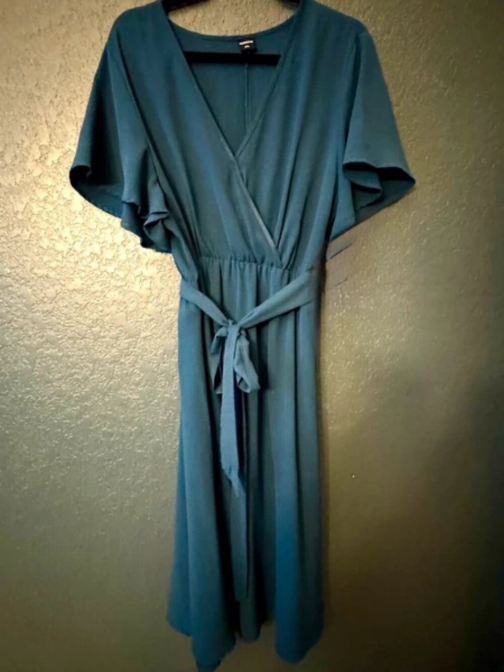 Scomchic Teal Blue Wrap Midi Dress 2XL Belted Flutter Sleeve